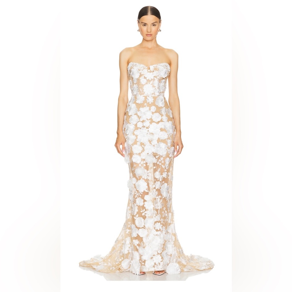 Bronx and Banco Jasmine Bridal Gown Strapless Floral Gown in White and Cream